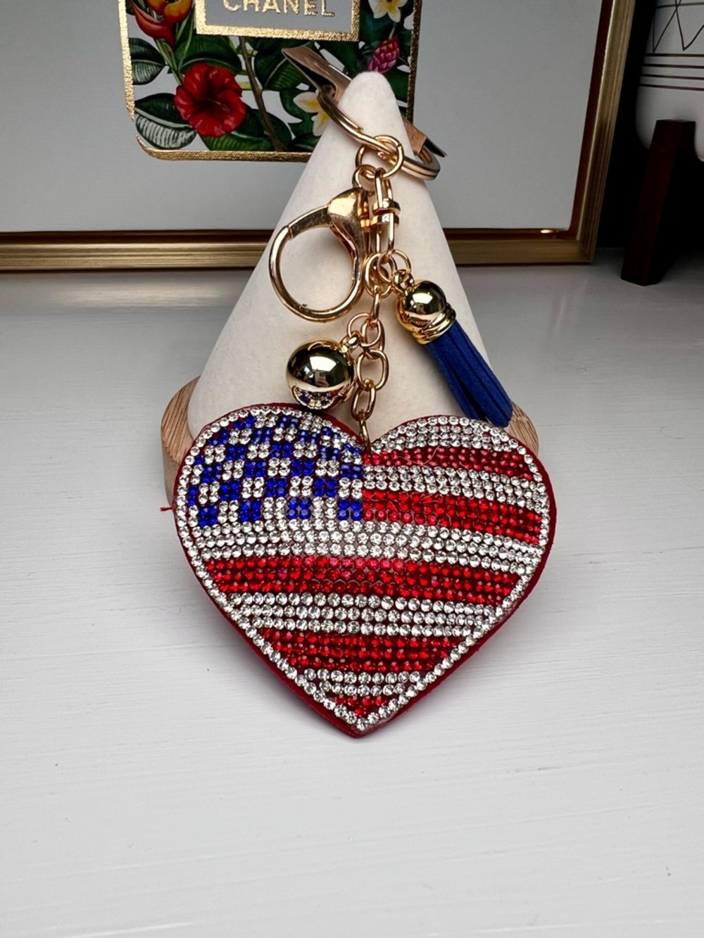 Sparkling Patriotic Heart Keychain Bag Charm and Card Holder - Red, White & Blue - Picture 2 of 7